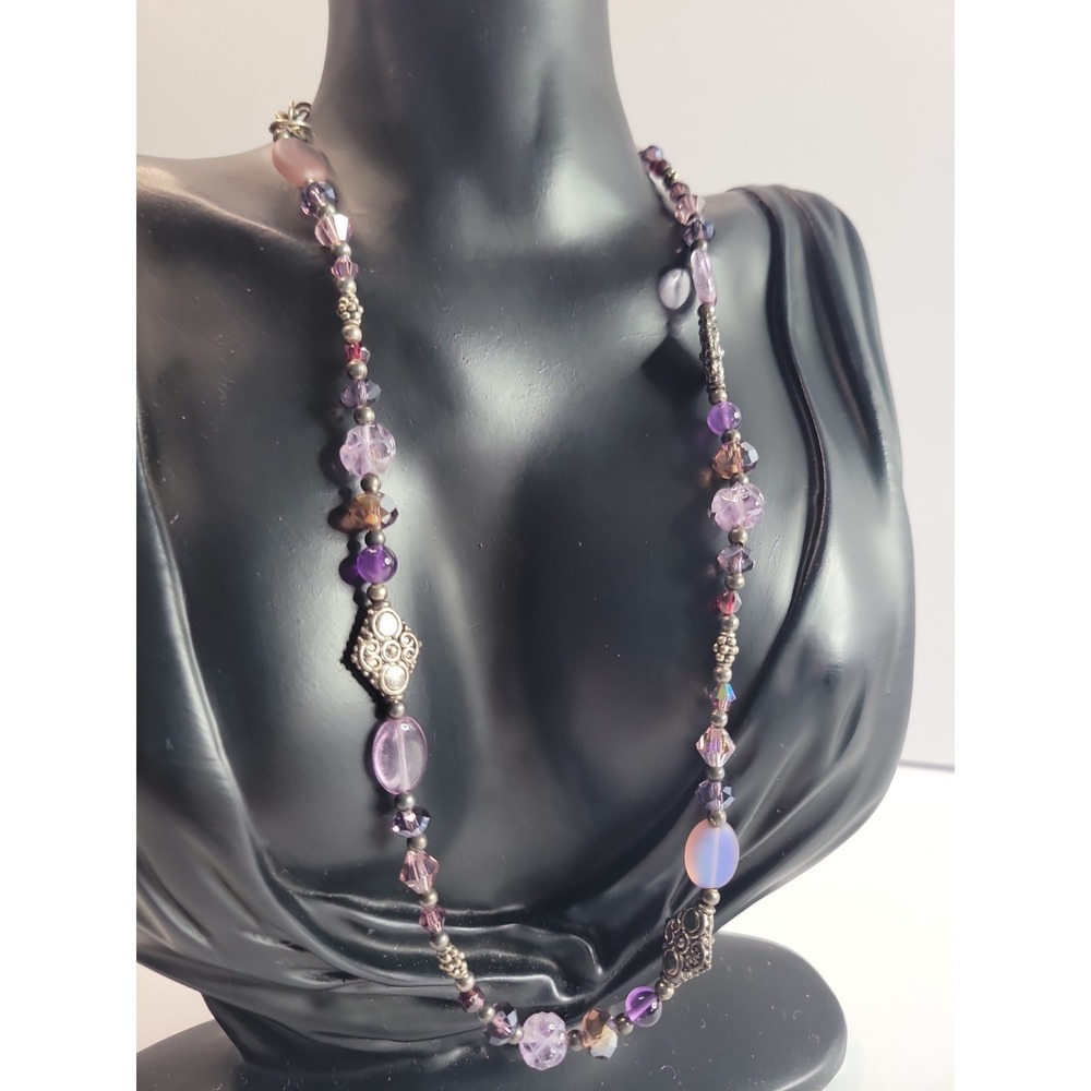 Purple Beaded Necklace Silver Tone Boho Artisan Statement Necklace